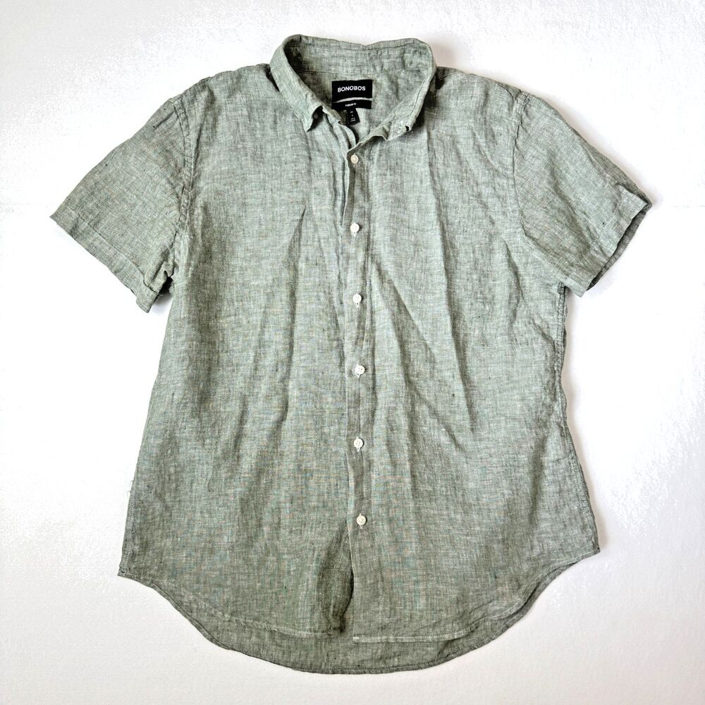 Bonobos Linen Shirt Mens M Slim Fit Green Solid Short Sleeve Button Down Casual